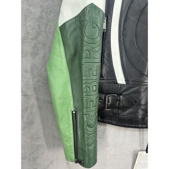 ICEBERG Leather Biker Jacket Size EU 44 Full Zip Men’s Jacket Green Black - Picture 8 of 16